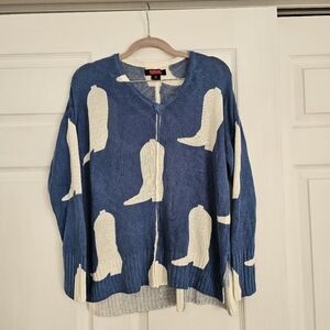 Rock & Roll Women's Cowboy Boot Baja Sweater - Blue Size Small Western Sweater